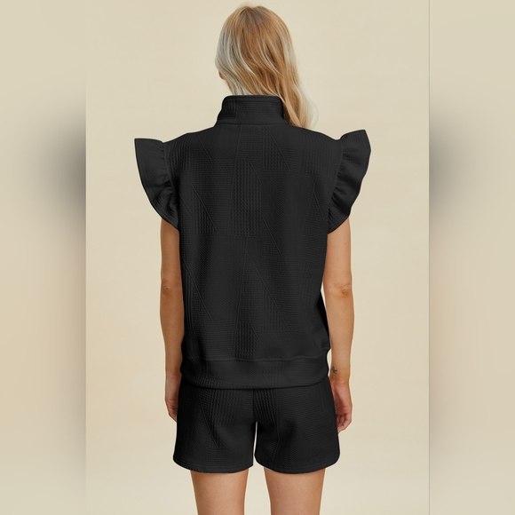 Double Take Full Size Texture Flounce Sleeve Top and Shorts Set - Picture 4 of 6